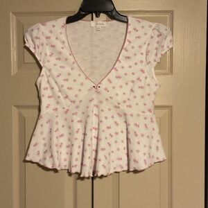 La Peche White and Pink Floral Peplum Blouse